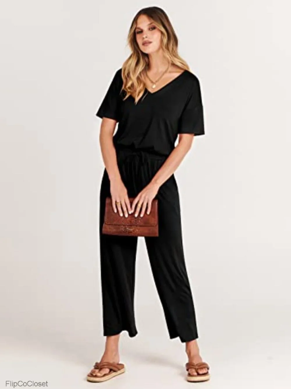 Women's Casual Wide Leg Cropped Jumpsuit V Neck Short Sleeve Romper with Pockets